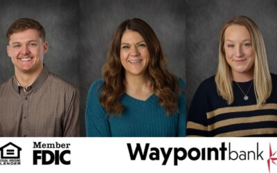 headshot photos of three smiling indivuduals featuring the Waypoint Bank logo in the bottom right corner